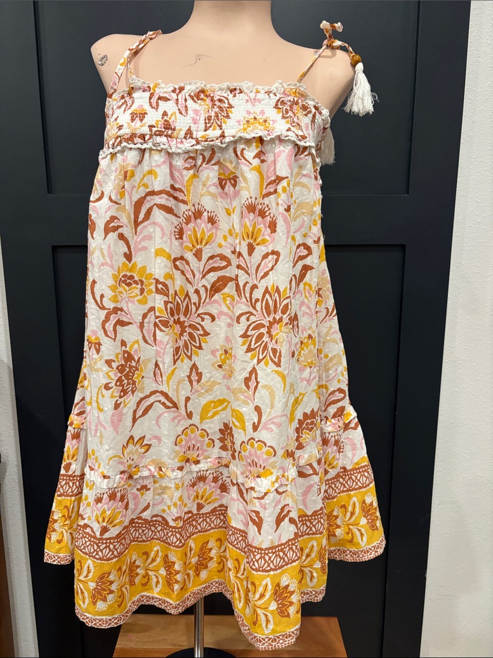 644. Jessica SimpsFloral Smocked Tiered Dress - White with Pink & Mustard Floral
